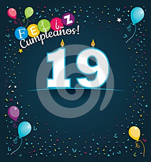 Feliz Cumpleanos 19 - Happy Birthday 19 in Spanish language - Greeting card with white candles photo