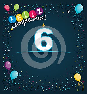 Feliz Cumpleanos 6 - Happy Birthday 6 in Spanish language - Greeting card with white candles photo