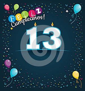 Feliz Cumpleanos 13 - Happy Birthday 13 in Spanish language - Greeting card with white candles photo