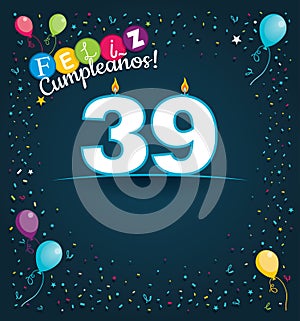 Feliz Cumpleanos 39 - Happy Birthday 39 in Spanish language - Greeting card with white candles photo
