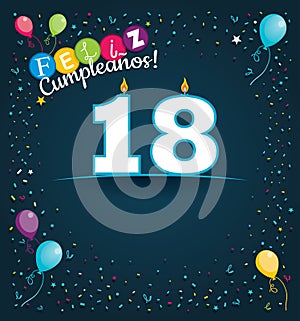 Feliz Cumpleanos 18 - Happy Birthday 18 in Spanish language - Greeting card with white candles photo
