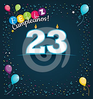 Feliz Cumpleanos 23 - Happy Birthday 23 in Spanish language - Greeting card with white candles photo