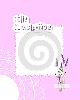 Feliz Cumpleanos Happy Birthday, written in spanish language, pink postcard vintage collage with lavender watercolor and