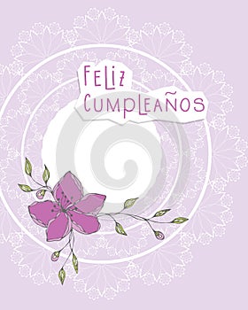 Feliz Cumpleanos Happy Birthday, written in spanish language, postcard pink flower and lace vintage collage.