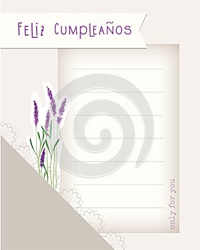 Feliz Cumpleanos Happy Birthday, written in spanish language, postcard vintage collage, lavender watercolor.