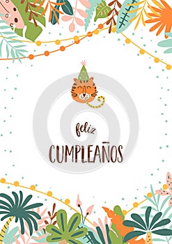 Feliz cumpleanos jungle birthday poster. Feliz Cumpleanos means Happy Birthday in Spanish. Tropical leaves and tiger photo