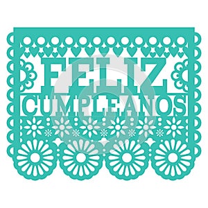 Feliz Cumpleanos Papel Picado design - Mexican folk art Happy Birthday party design, paper decoration with floral pattern