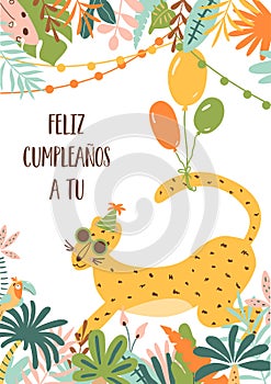 Feliz cumpleanos a tu jungle birthday poster. Feliz Cumple means Happy Birthday in Spanish. Tropical leaves and leopard photo