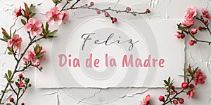 Feliz Dia de la Madre, or Happy Mother's Day in Spanish, Greeting with Pink Blossoms on White photo