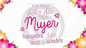 Happy day of working, sweet, tenacious and hardworking women in Spanish language- Greeting card. Vector image photo