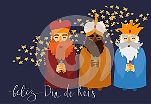 Feliz Dia de Reis translation Happy Kings Day handwritten calligraphy vector. Happy epiphany celebration card, 3 wise
