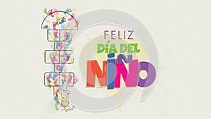 Feliz Dia del Nino greeting card - Happy Children`s Day in Spanish language. Child`s drawing seen from above starting to jump photo