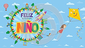 Feliz Dia del Nino greeting card - Happy Children`s Day in Spanish language. Text inside a circle surrounded by playgrounds