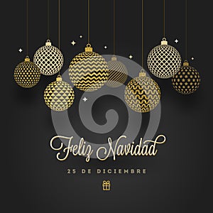 Feliz navidad - Christmas greetings in Spanish. Patterned golden baubles on a black background. photo