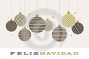 Feliz navidad - Christmas greetings in Spanish - patterned golden baubles on a white background.