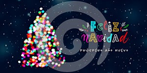 Feliz Navidad greeting card with an abstract tree full of colorful Christmas lights