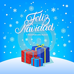 Feliz Navidad hand written lettering design with falling snow, snowflakes and gifts.