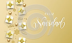 Feliz Navidad Merry Christmas golden greeting card on premium background. Vector Christmas Spanish Navidad calligraphy lettering,