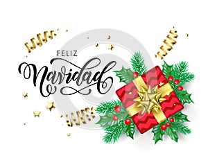 Feliz Navidad Merry Christmas Spanish calligraphy hand drawn text for greeting card background template. Vector Christmas tree hol photo