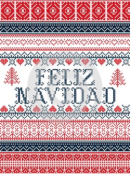 Feliz Navidad Nordic style vector seamless Christmas patterns inspired by Scandinavian Christmas, festive winter in cross stitch