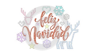 Feliz Navidad Spanish Merry Christmas embroidery font decoration for holiday greeting card design. Vector Christmas knitted callig