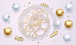 Feliz Navidad Spanish Merry Christmas flourish golden calligraphy lettering of swash gold typography for greeting card design. Vec