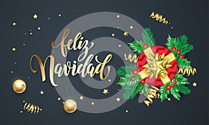 Feliz Navidad Spanish Merry Christmas golden decoration and gold font calligraphy greeting card design. Vector Christmas tree wrea