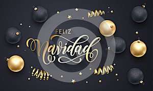 Feliz Navidad Spanish Merry Christmas golden decoration, hand drawn gold calligraphy font for greeting card black background. Vect photo