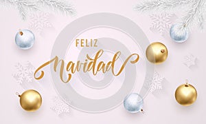 Feliz Navidad Spanish Merry Christmas golden decoration, hand drawn gold calligraphy font for greeting card white background. Vect