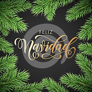 Feliz Navidad Spanish Merry Christmas golden hand drawn calligraphy in fir branch wreath decoration and Christmas golden text font