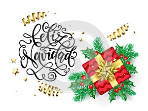 Feliz Navidad Spanish Merry Christmas hand drawn calligraphy for holiday greeting card background template. Vector Christmas tree