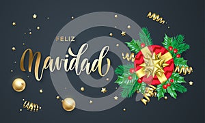 Feliz Navidad Spanish Merry Christmas holiday golden calligraphy and gold decoration greeting card template. Vector Christmas tree photo