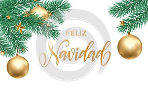 Feliz Navidad Spanish Merry Christmas holiday golden hand drawn calligraphy text for greeting card of star ornament decoration on