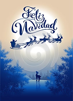 Feliz navidad translation from Spanish Merry Christmas. Lettering calligraphy text for greeting card. Silhouette Santa sleigh of r