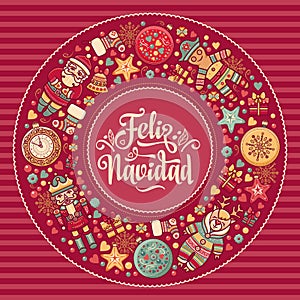 Feliz navidad. Xmas card on Spanish language. Warm wishes for happy holidays