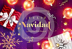 Feliz Navidad y prospero Ano Nuevo. Merry Christmas and Happy New Year in Spanish. Vector Greeting Card Template.