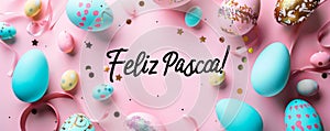 Feliz Pascoa - Happy Easter in Portuguese. Abstract background with painted Easter eggs. Easter concept background photo