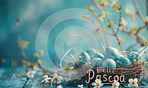 Feliz Pascoa - Happy Easter in Portuguese. Abstract background with painted Easter eggs and flowers. Easter concept background