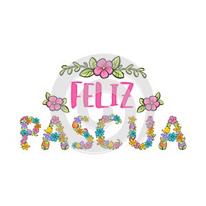 Feliz Pascua colorful flower lettering. Happy Easter phrase in Spanish language. photo
