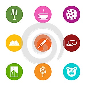 Fell asleep icons set, flat style