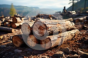 Felled tree logs. Deforestation environmental problem