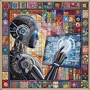felt art patchwork, AI cyborg machine learning and artificial intelligence concept, Generative AI