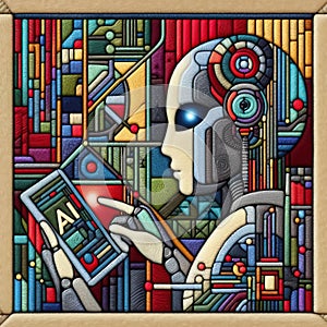 felt art patchwork, AI cyborg machine learning and artificial intelligence concept, Generative AI
