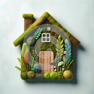 Felt art patchwork, Eco house. Green and environmentally friendly housing concept. Miniature wooden house in spring grass, moss