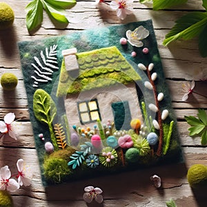 Felt art patchwork, Eco house. Green and environmentally friendly housing concept. Miniature wooden house in spring grass, moss