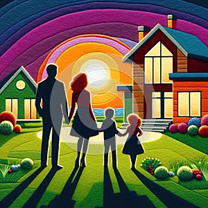 Felt art patchwork, Happy family standing on a lawn, gazing at a contemporary new house