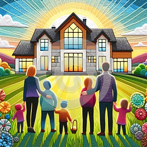 Felt art patchwork, Happy family standing on a lawn, gazing at a contemporary new house