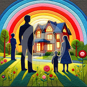 Felt art patchwork, Happy family standing on a lawn, gazing at a contemporary new house