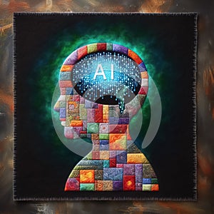 felt art patchwork, A humanoid robot, artificial intelligence is thinking or analyzing data with glowing code structure floating