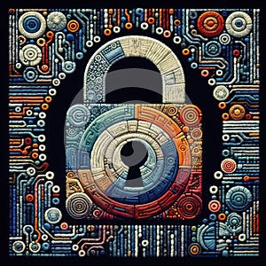 Felt art patchwork, Secure data lock symbol, representing the ongoing battle for cybersecurity and the protection of sensitive